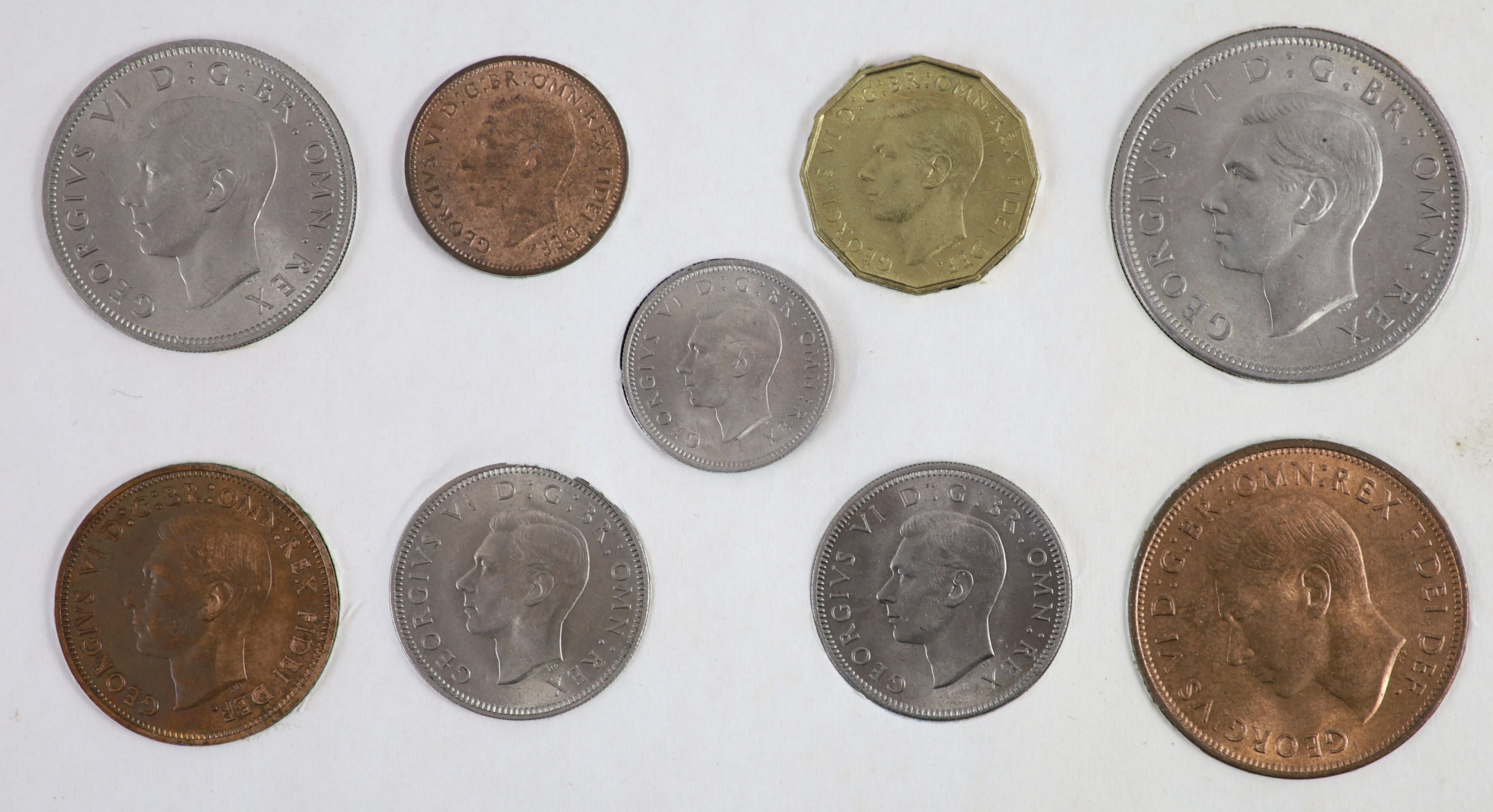 George VI specimen coin sets for 1950 and 1951, second issue, including 1950 threepence, aUNC, 1951 threepence and penny, both EF
